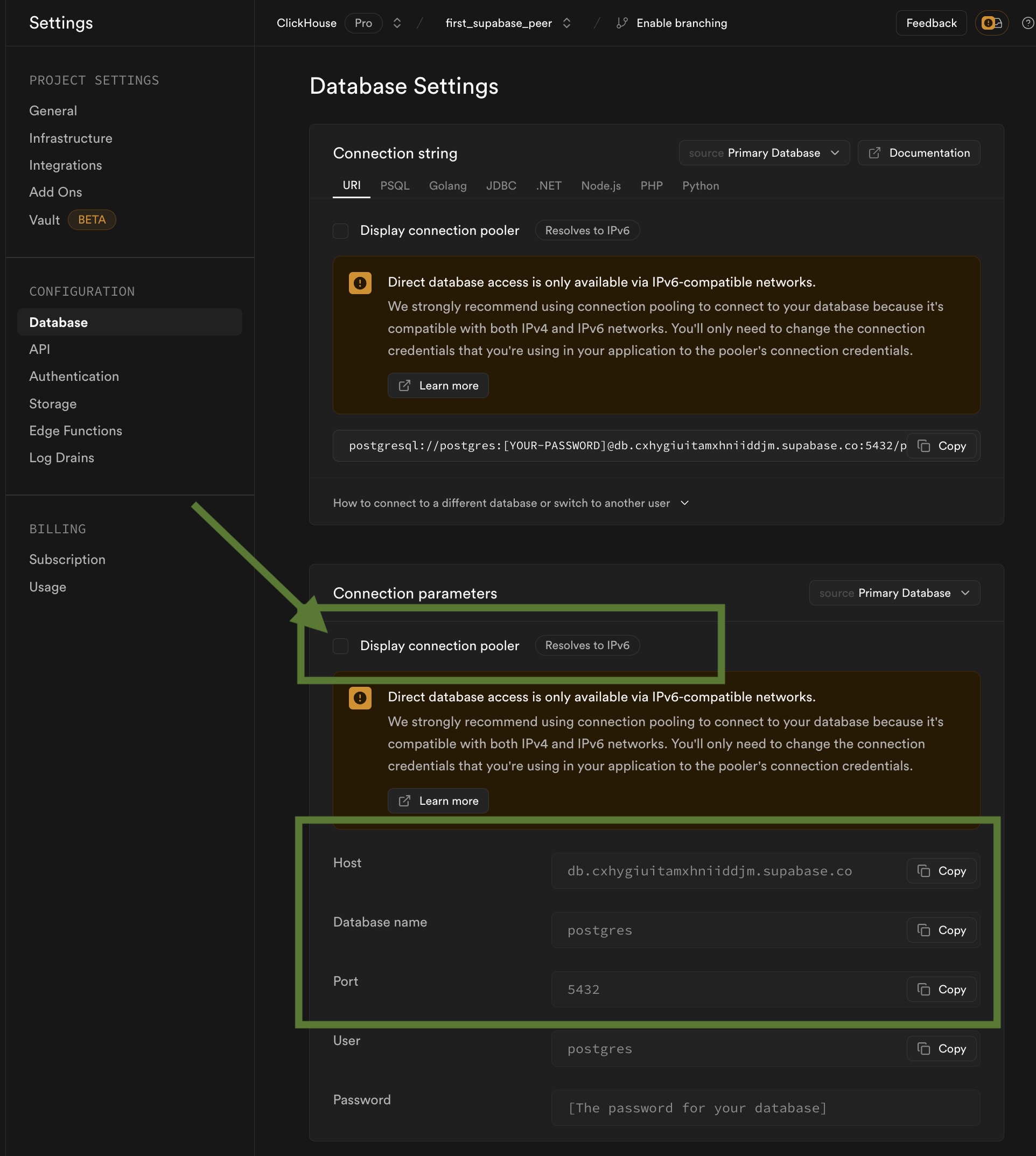 Locate Supabase Connection Details
